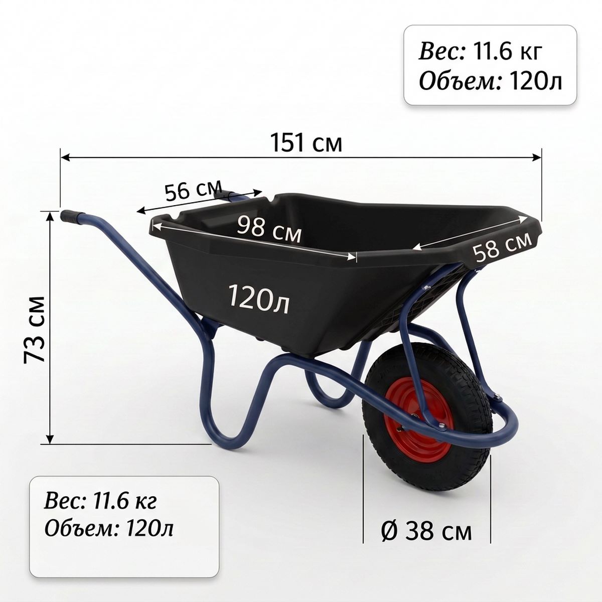 Тачка Вариант-120 л. строительная одноколесная с черным пластиковым кузовом